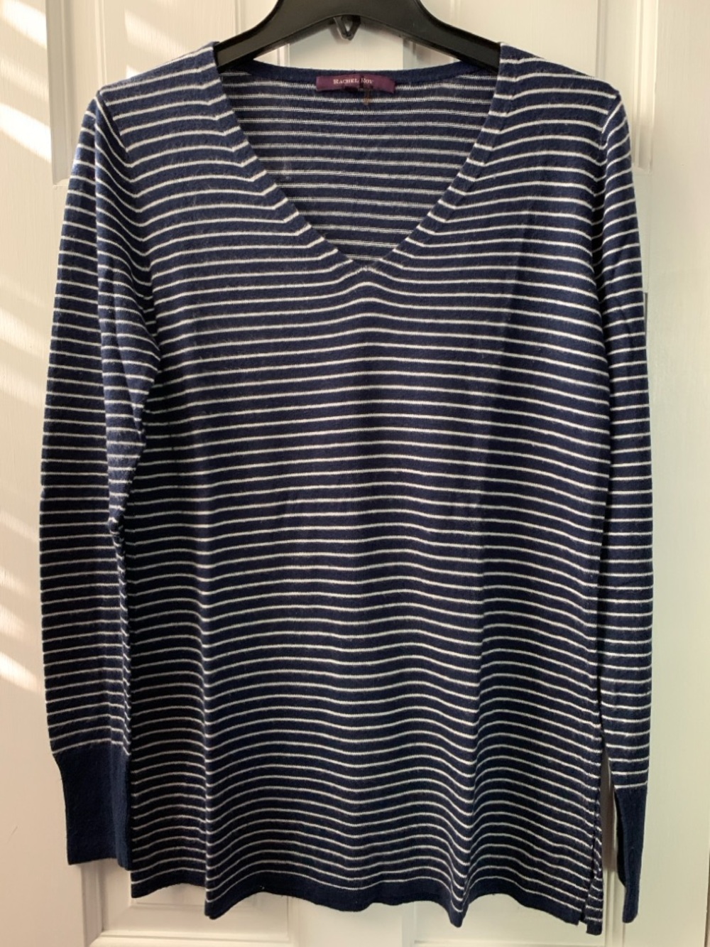 Rachel Roy Women’s Navy and White Striped V-Neck Knit Top